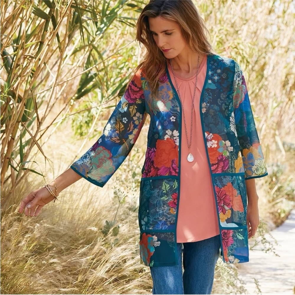 Soft Surroundings Blue Floral Renature Topper Kimono Robe Size Large Petite
